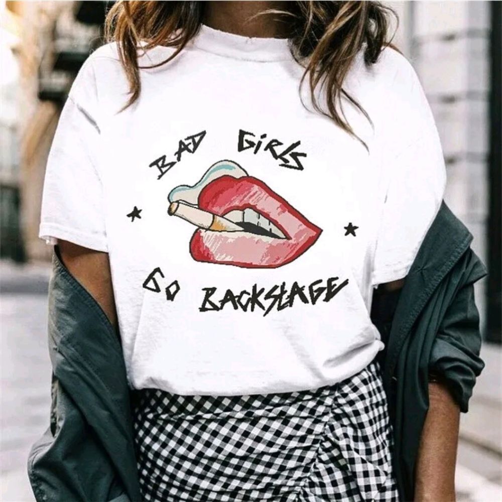 Women Graphic Casual T Shirt Bad Girls Go Backstage Red Lips Short Sleeves Tee